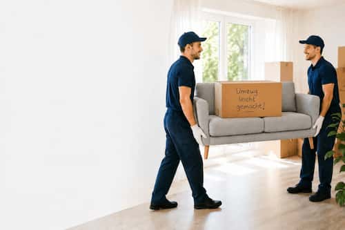 Zwei Umzugshelfer tragen ein Sofa während eines Wohnungsumzugs in eine neue Wohnung.