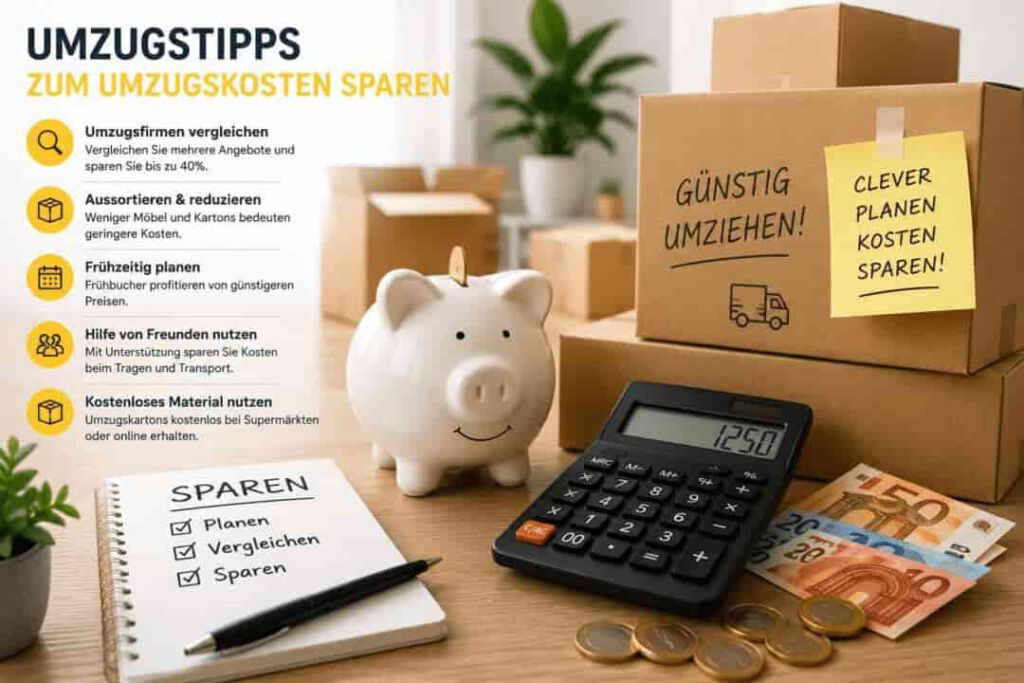 Kosten sparen beim Umzug – modernes Bild mit Umzugskartons, Taschenrechner und hilfreichen Umzugstipps.